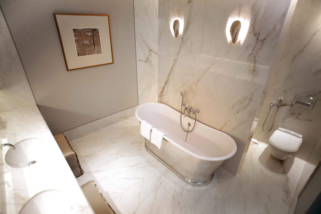 Calacatta Crema Marble Bathroom Floor Walls Vanity Top Bookmatched Honed London