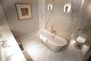 Calacatta Crema Marble Bathroom Pattern Matched Wall Bookmatched Floor London