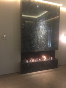 Madagascar Granite London Suspended Floating Fireplace 15 Feet Tall 3